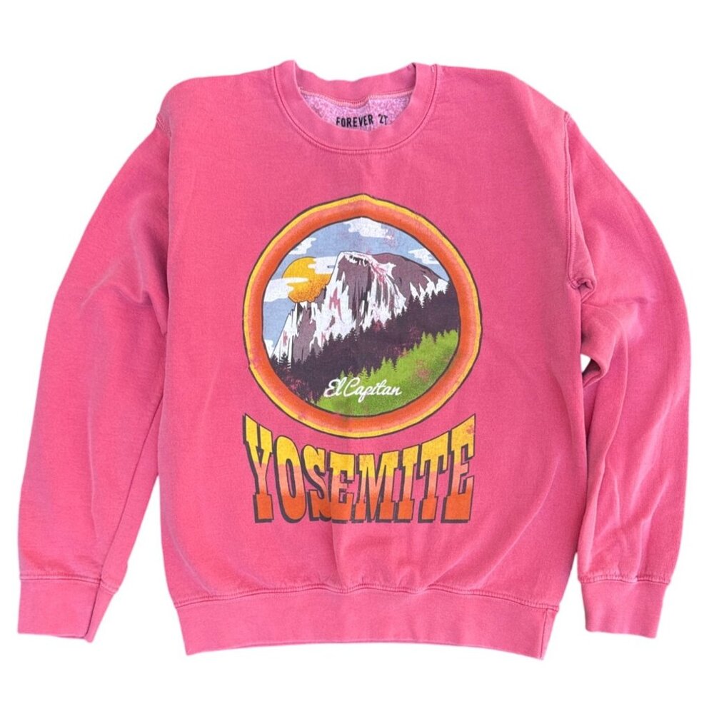 Forever 21 Yosemite Graphic Sweatshirt Small Pink Cotton Blend Crewneck